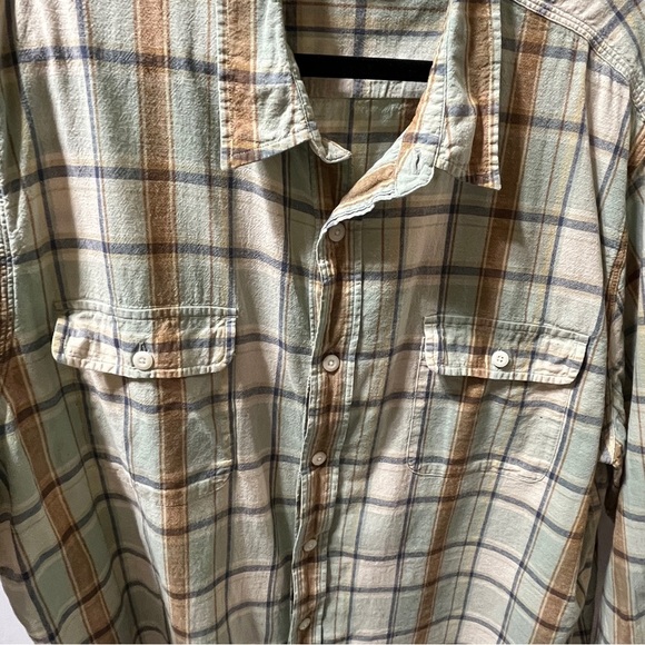 LUCKY BRAND Mens Button Up Long Sleeve Shirt Green Tan Plaid Cotton/Linen XXL - Picture 3 of 10